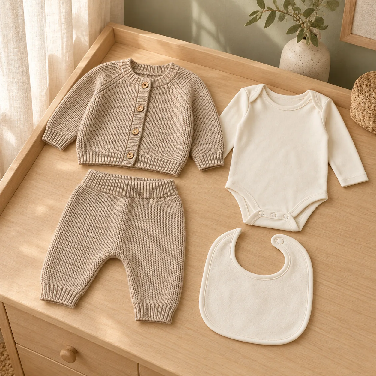 Unytstudio coordinated baby clothing in cream and oat
